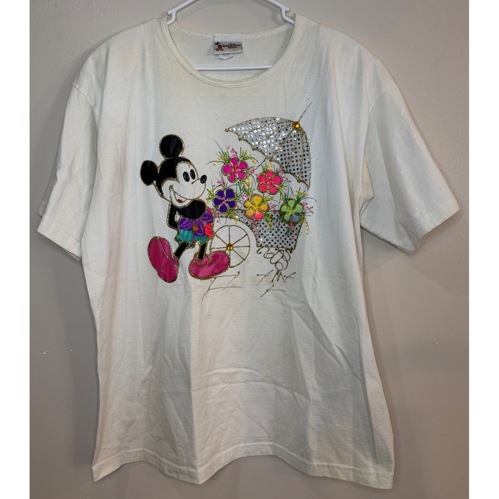 Vintage Walt Disney World Mickey‎ Mouse Sequin Puff Paint T-Shirt White OSFA